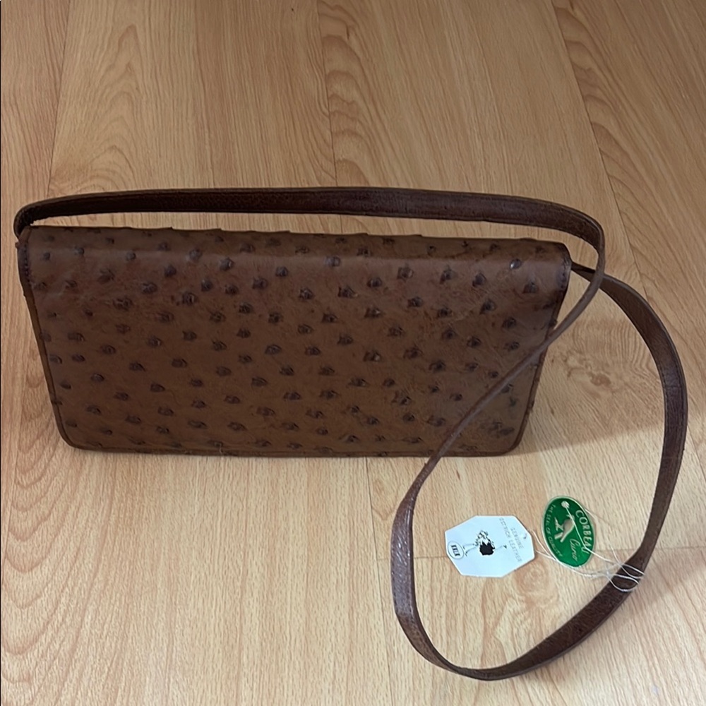Brown Messenger Bag with Ostrich Texture and Dark Trim